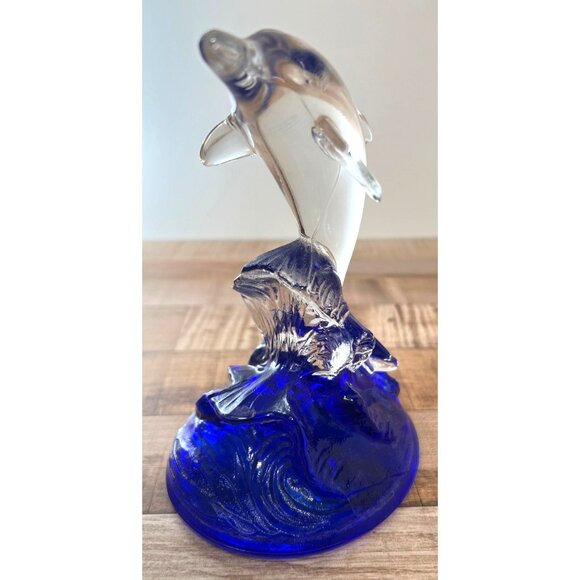 Clear Glass Dolphin Figurine On Blue Wave Base - Picture 2 of 4